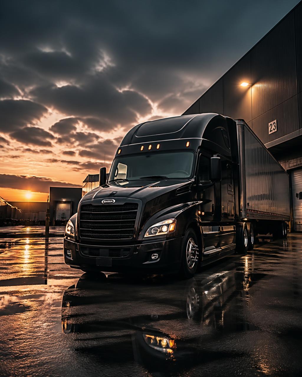 Waymaker Logistics tractor trailer at a loading dock at dusk