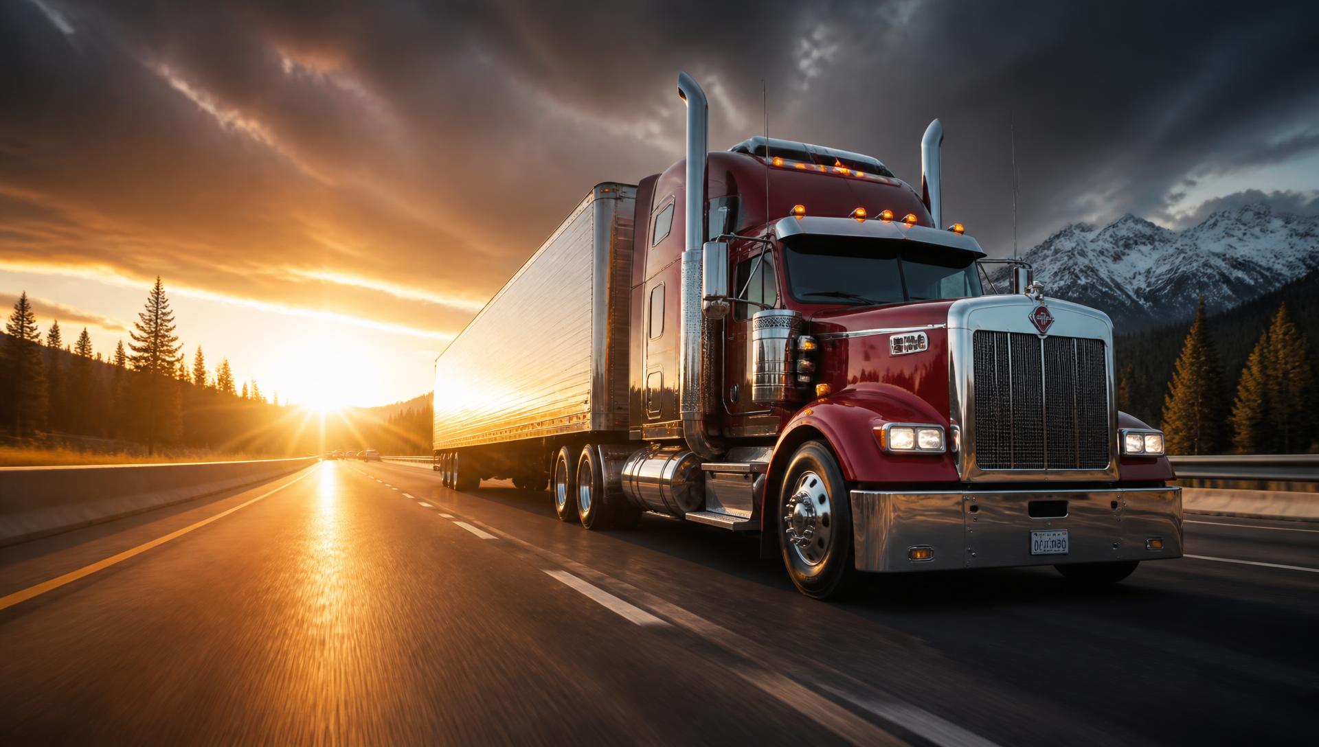Semi truck travelling a North American highway at golden hour
